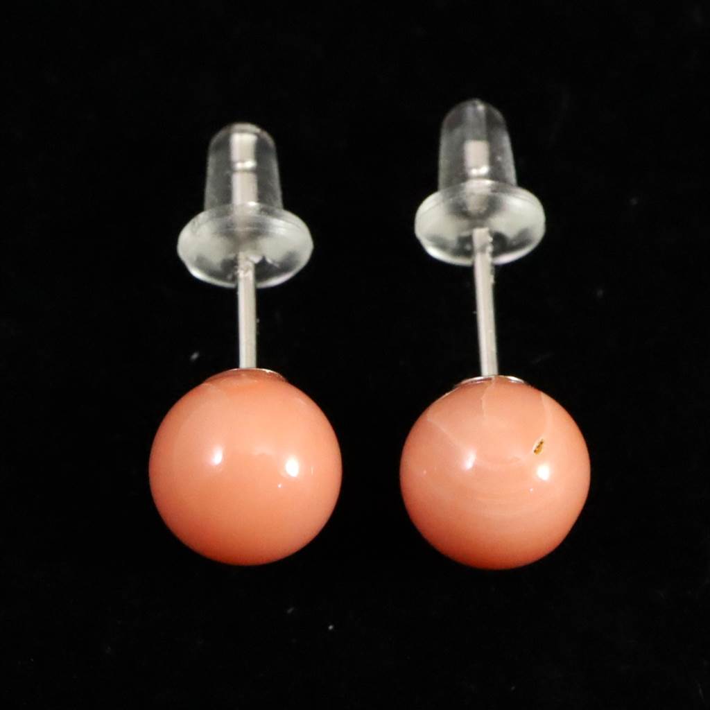 高知県産 天然 宝石珊瑚 桃色サンゴ 深海サンゴ 6.5mm ピアス1.19g (ID
