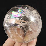 ブラジル産 天然水晶  74mmスフィア 丸玉 レインボー アイリスクォーツ 台付 591g (ID:24645)