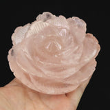 ローズクォーツ 薔薇彫刻置物　一刀一石彫り　506g (ID:29386)