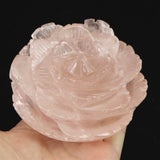 ローズクォーツ 薔薇彫刻置物　一刀一石彫り　506g (ID:29386)