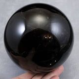チベット産　黒水晶 モリオン　122mm スフィア 丸玉 台座付 2512g (ID:41704)