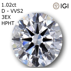 1.02ct D VVS2 3EX ラボグロウンダイヤモンド HPHT ラウンドカットルース IGI鑑定 (ID:66655)