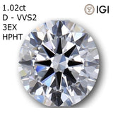 1.02ct D VVS2 3EX ラボグロウンダイヤモンド HPHT ラウンドカットルース IGI鑑定 (ID:66655)