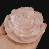 ローズクォーツ 薔薇彫刻置物　一刀一石彫り　489g (ID:88887)