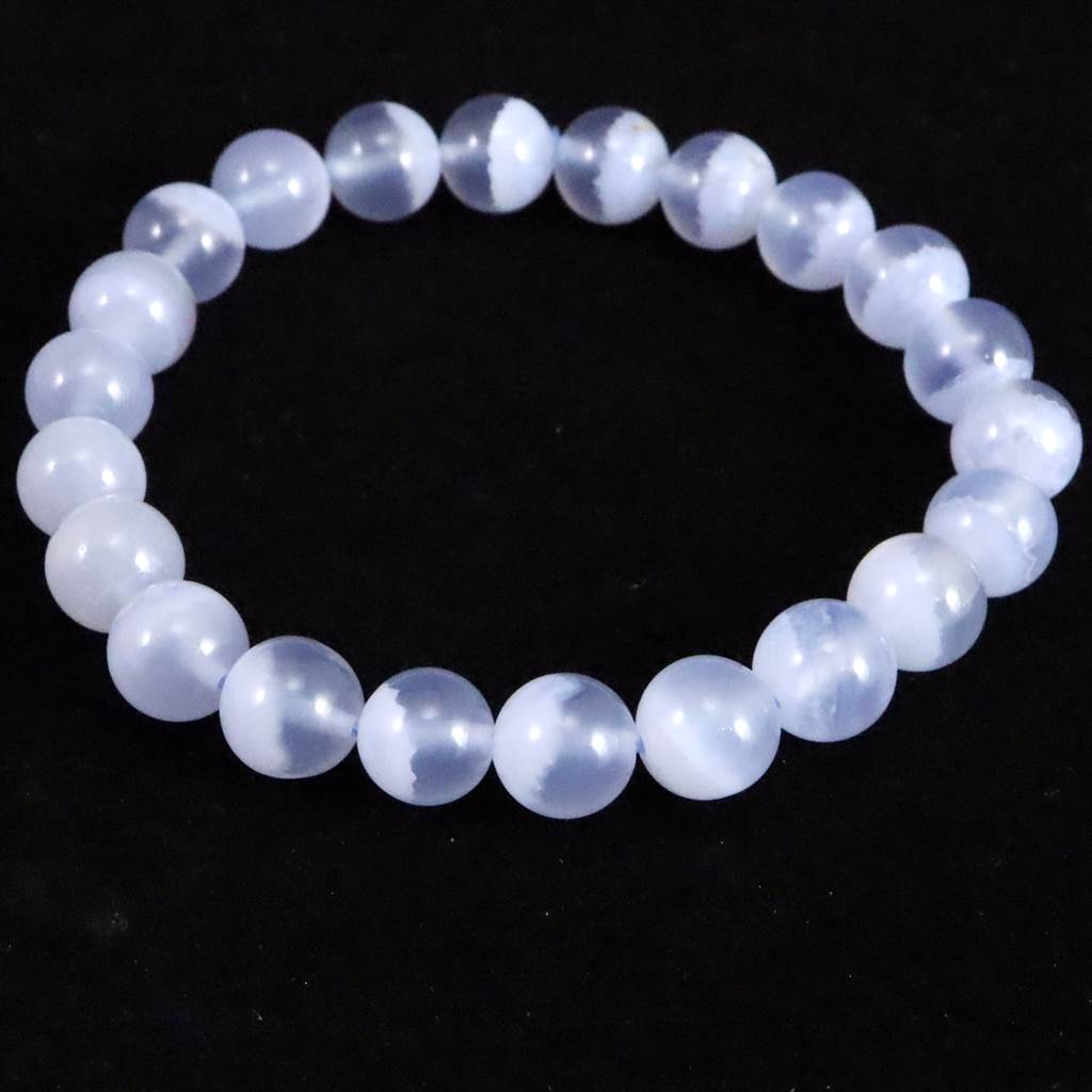 ブルーレースアゲート 空色縞瑪瑙 8.5mm玉ブレスレット 18.3g (ID